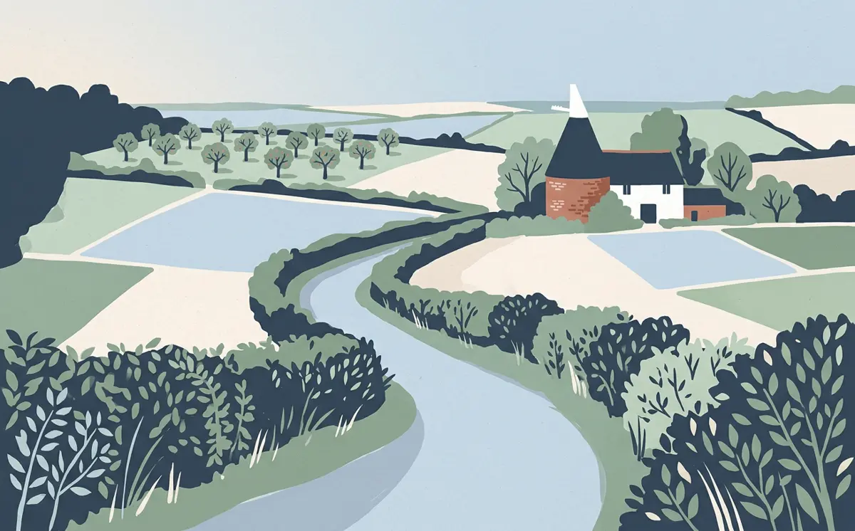 Illustration of a country lane winding through Kent countryside, with hedgerows, orchards and a traditional oast house.