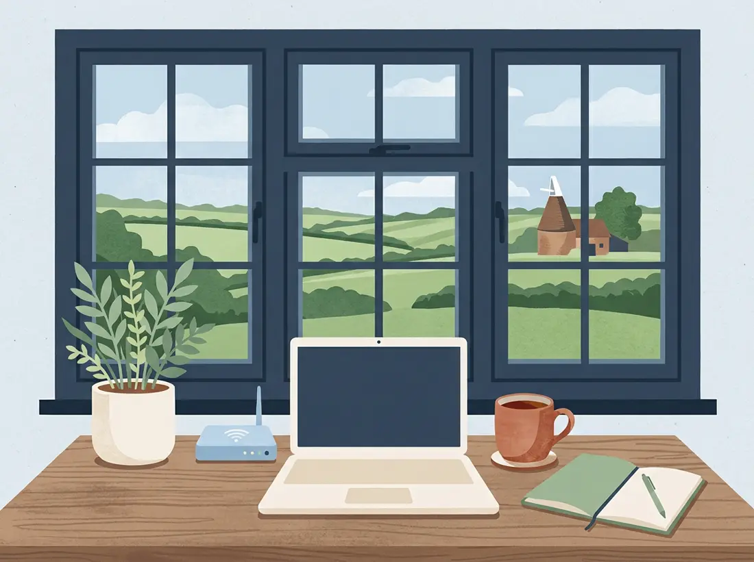 Illustration of a tidy desk with a laptop, router and cup of tea, in front of a window overlooking Kent fields and an oast house.